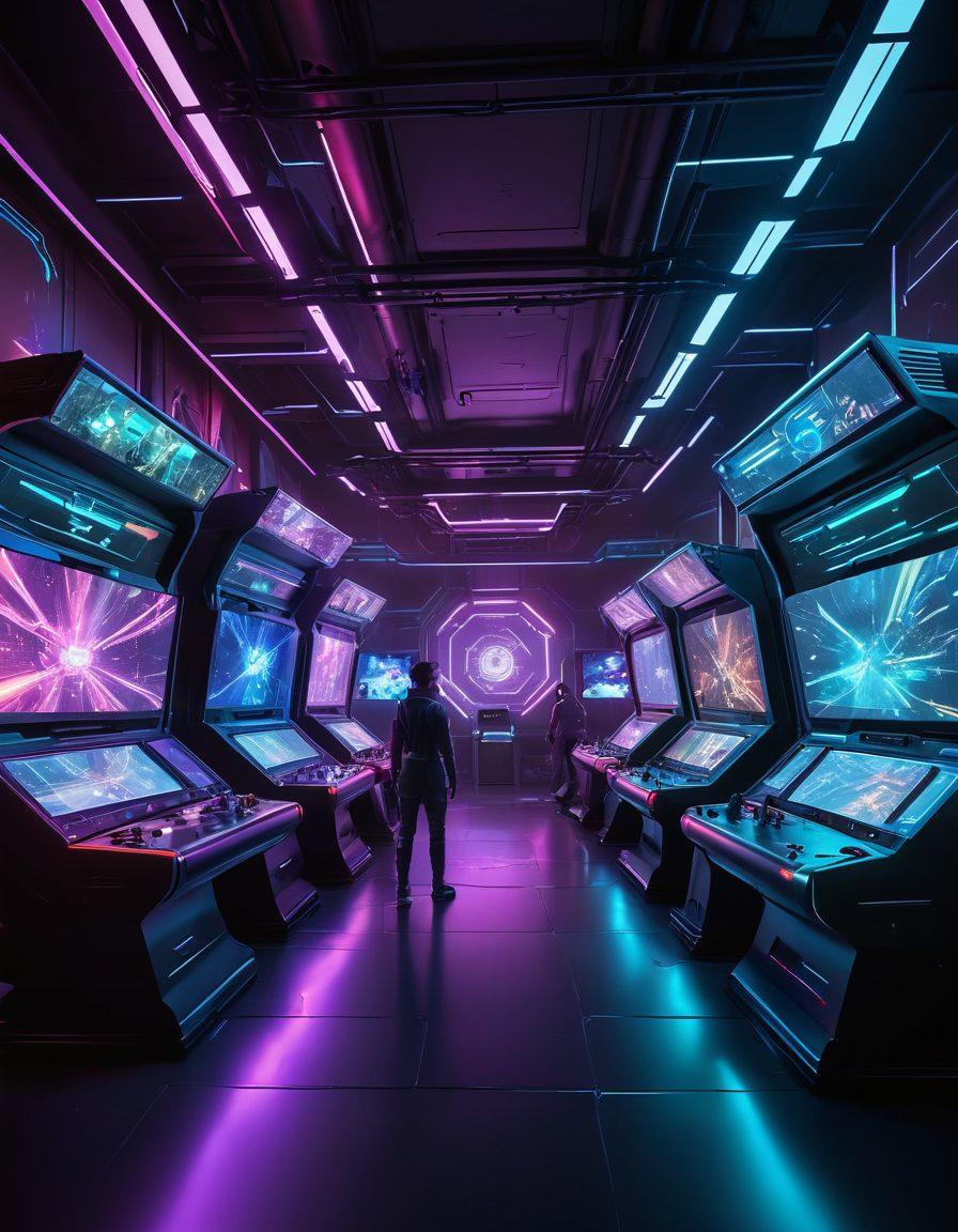 A futuristic gaming arena filled with dynamic holographic maps and strategizing players, showcasing intense gameplay and a battle for dominance. Include vibrant colors, high-tech gaming consoles, and intense facial expressions of players deeply engaged in their strategies. Add elements like glowing digital interfaces and interactive devices that enhance the immersive atmosphere. super-realistic. vibrant colors. cyberpunk.